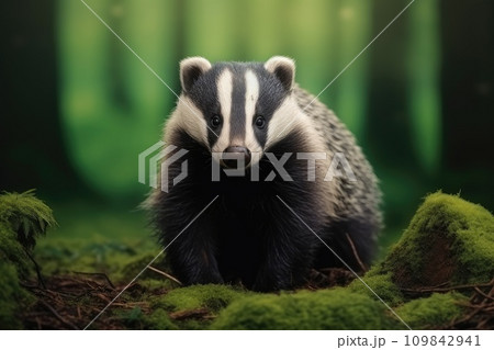 Beautiful badgers in outdoor wild forest nature background. .. Generated with AI. 109842941