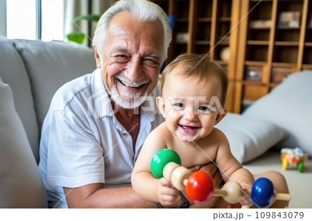 grandpa and kin fun with a toy , in living room. generative ai 109843079