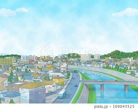 家 住宅 街 河川 都市 手描き風 イラスト 水彩画風 背景 家 住宅 街 河川 都市 手描き風 イラスト 水彩画風 背景 109843525