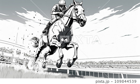 競馬場を駆ける馬と騎手 109844539