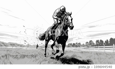 競馬場を駆ける馬と騎手 109844540