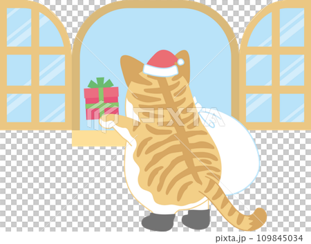 Santa cat placing a box of presents in the open window_back view Santa cat placing a box of presents in the open window_back view 109845034