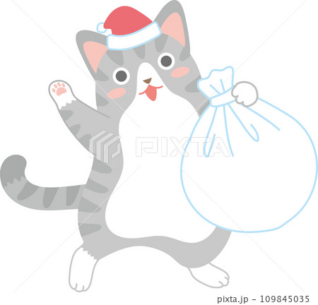 サンタの格好をした可愛い猫_サンタの格好をしてプレゼントの白い袋を持ったサバ白猫 サンタの格好をした可愛い猫_サンタの格好をしてプレゼントの白い袋を持ったサバ白猫 109845035