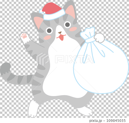 サンタの格好をした可愛い猫_サンタの格好をしてプレゼントの白い袋を持ったサバ白猫 サンタの格好をした可愛い猫_サンタの格好をしてプレゼントの白い袋を持ったサバ白猫 109845035