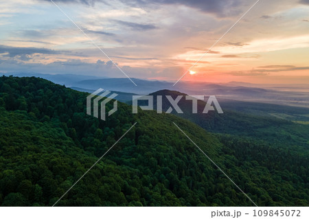 Aerial view of green pine forest with dark spruce trees covering mountain hills at sunset. Nothern woodland scenery from above 109845072