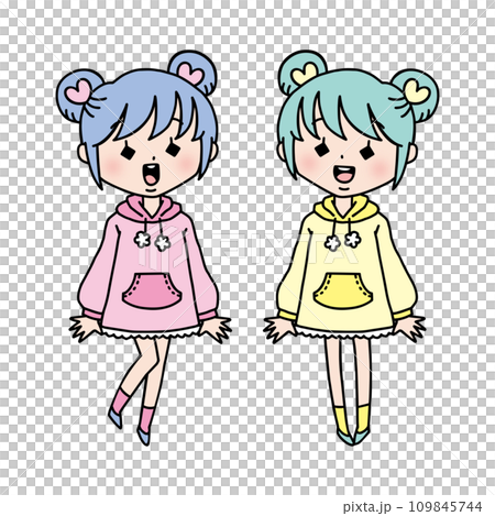 Girl coordinating twins/bun hair 109845744