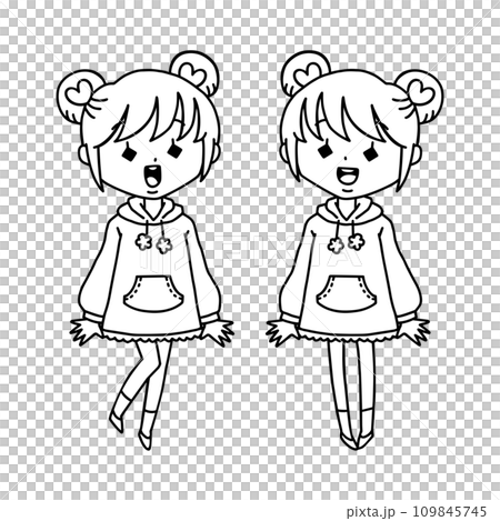 Girl coordinating twins, bun hair, line drawing 109845745