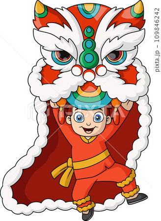 Cute little boy cartoon performing dragon dance 109846242
