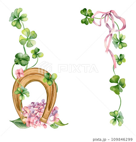 Frame with horseshoe and clover watercolor illustration isolated on white. Painted shamrock, spring flowers. Board with lucky symbol hand drawn. Design for St.Patricks day,Easter, springtime card Frame with horseshoe and clover watercolor illustration isolated on white. Painted shamrock, spring flowers. Board with lucky symbol hand drawn. Design for St.Patricks day,Easter, springtime card 109846299