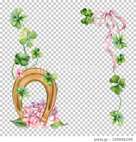 Frame with horseshoe and clover watercolor illustration isolated on white. Painted shamrock, spring flowers. Board with lucky symbol hand drawn. Design for St.Patricks day,Easter, springtime card Frame with horseshoe and clover watercolor illustration isolated on white. Painted shamrock, spring flowers. Board with lucky symbol hand drawn. Design for St.Patricks day,Easter, springtime card 109846299