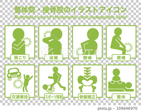 Chiropractic clinic, osteopathic clinic, treatment clinic, chiropractic massage related icon illustration set Chiropractic clinic, osteopathic clinic, treatment clinic, chiropractic massage related icon illustration set 109846970