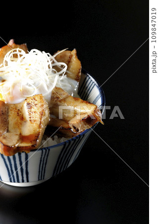 半熟卵乗せ厚切り炙りチャーシュー丼を黒背景で撮影 半熟卵乗せ厚切り炙りチャーシュー丼を黒背景で撮影 109847019