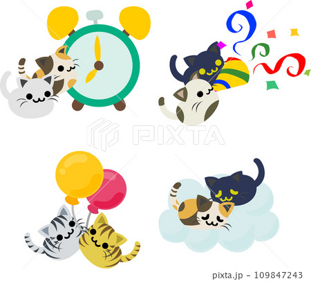 ぬいぐるみのようなころころと可愛い猫ちゃんたちの素敵な日常のイラストセット 109847243