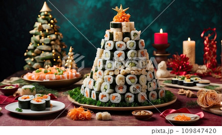 appetizer in shape of Christmas tree from rolls, sushi, red fish, traditional Japanese cuisine on festive New Year's table. Menu, recipe and beautiful presentation. Christmas decor and table setting. 109847420