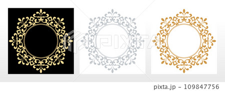 Set of decorative frames Elegant vector element for design in Eastern style, place for text. Floral black, gold and gray borders. Lace illustration for invitations and greeting cards Set of decorative frames Elegant vector element for design in Eastern style, place for text. Floral black, gold and gray borders. Lace illustration for invitations and greeting cards 109847756