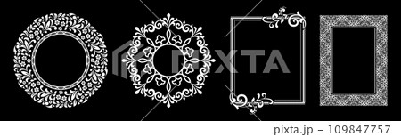 Set of decorative frames Elegant vector element for design in Eastern style, place for text. Floral black and white borders. Lace illustration for invitations and greeting cards. Set of decorative frames Elegant vector element for design in Eastern style, place for text. Floral black and white borders. Lace illustration for invitations and greeting cards. 109847757