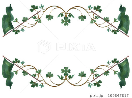 Frame of shamrock clover sprigs with vintage Irish green flag. Decoration for St. Patrick's Day. Isolated watercolor illustration on white background. Clipart. Frame of shamrock clover sprigs with vintage Irish green flag. Decoration for St. Patrick's Day. Isolated watercolor illustration on white background. Clipart. 109847817