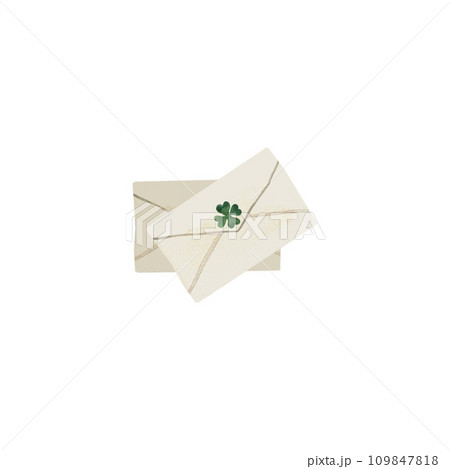 A pair of paper mailing envelopes with green four-leaf clovers for St. Patrick's Day invitations. Isolated watercolor illustration on white background. Clipart. A pair of paper mailing envelopes with green four-leaf clovers for St. Patrick's Day invitations. Isolated watercolor illustration on white background. Clipart. 109847818