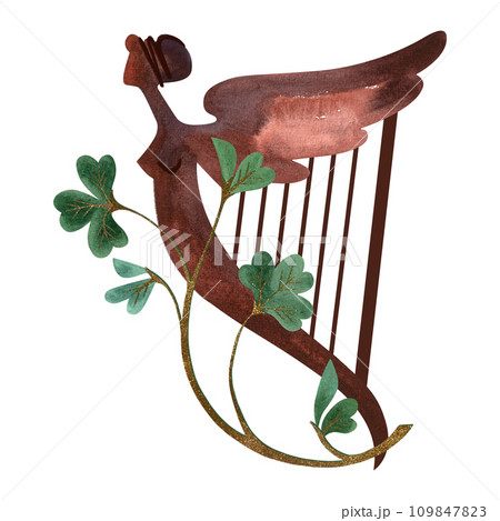 A wooden Celtic harp with a female silhouette entangled in a clover shamrock. Symbol of Ireland. St.Patrick 's Day. Isolated watercolor illustration in vintage style. A wooden Celtic harp with a female silhouette entangled in a clover shamrock. Symbol of Ireland. St.Patrick 's Day. Isolated watercolor illustration in vintage style. 109847823