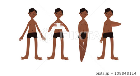 Four Latin American boys in swimsuits. Calm standing poses: thumbs up, piece of paper in hands. Brown skin tone and dark hair. Vector illustration in flat style Four Latin American boys in swimsuits. Calm standing poses: thumbs up, piece of paper in hands. Brown skin tone and dark hair. Vector illustration in flat style 109848114