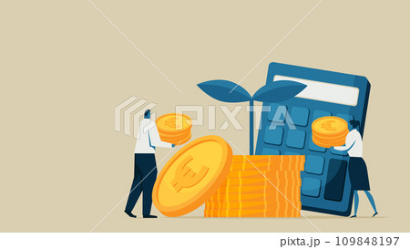 硬貨を運ぶ男性と女性。コインからは発芽し、周りには計算機があります。 109848197