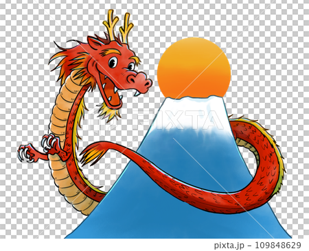 Watercolor style illustration of red dragon, Mt. Fuji and first sunrise Watercolor style illustration of red dragon, Mt. Fuji and first sunrise 109848629