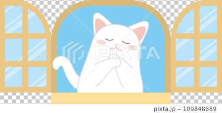 猫と窓_窓と猫_窓辺で胸に手を当てながらうっとりする白猫 109848689