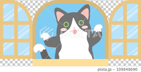 貓和窗戶_窗戶和貓_黑白八件燕尾服貓在窗邊頑皮地擺姿勢 109848690