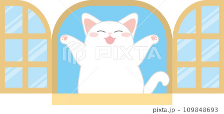 猫と窓_窓と猫_窓の中でバンザイする嬉しそうな白猫 109848693