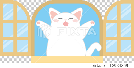 猫と窓_窓と猫_窓の中でバンザイする嬉しそうな白猫 109848693