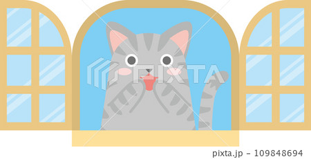 猫と窓_窓と猫_窓の中でお口に手を当てて嬉しそうなサバ猫 猫と窓_窓と猫_窓の中でお口に手を当てて嬉しそうなサバ猫 109848694