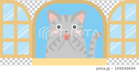 猫と窓_窓と猫_窓の中でお口に手を当てて嬉しそうなサバ猫 猫と窓_窓と猫_窓の中でお口に手を当てて嬉しそうなサバ猫 109848694