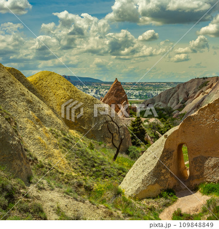 View of Goreme national park with over deep canyons, valleys sunset Cappadocia. 109848849