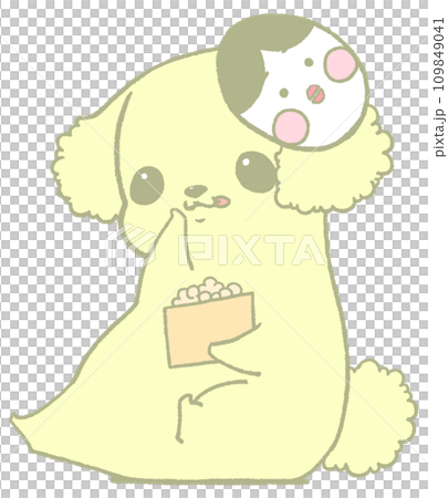 Toy poodle wearing a mask and holding Setsubun beans (pastel yellow) 109849041