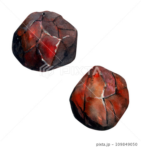 Hand drawn watercolor illustration precious semiprecious jewel gem crystal chakra birth stone. Garnet ruby agate. Set of objects isolated on white background. Design print, shop, jewelry, fashion 109849050