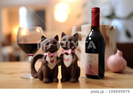 ネコちゃんとワイングラスとチョコレート 109849979
