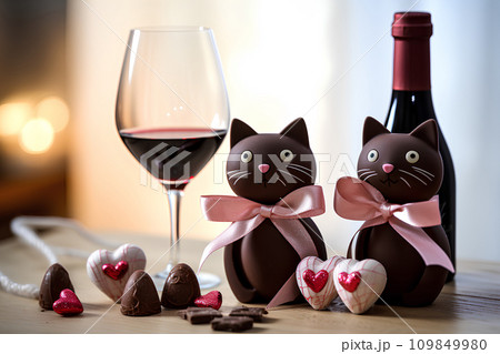 ネコちゃんとワイングラスとチョコレート 109849980