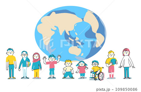 地球と年齢や人種、国籍の違う子供たち　小学生　イラスト素材	 109850086