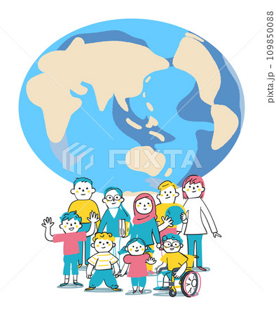 地球と年齢や人種、国籍の違う子供たち　小学生　イラスト素材	 109850088