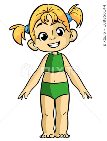 Cute cartoon little girl. Vector illustration of a teenager wearing swimming suit outlined. 109850144