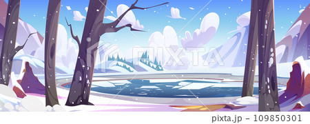 Cartoon winter snowy landscape with lake in forest 109850301