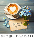AI-generated content. Morning cup of coffee on Valentine's Day with the inscription Good morning my love, a bouquet of forget-me-nots. 109850311