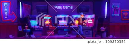 Man in game club room with retro arcade machine 109850352