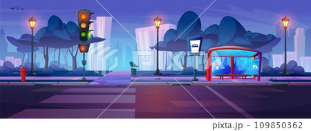 Night city street with road crossing and dark park 109850362