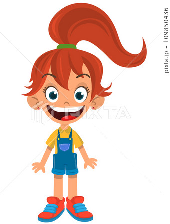 Cute little girl waving and smiling. Vector cartoon  illustration of a teenager in casual street clothes presenting. Outlined 109850436