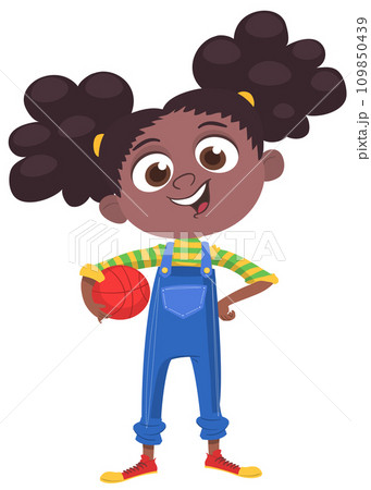 Cute afro-american girl holding a ball. Vector cartoon  illustration of a teenager in casual street clothes presenting. Outlined 109850439