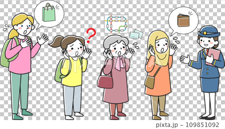 駅で困っている人々と女性駅員のセットのイラスト素材 [109851092] - PIXTA