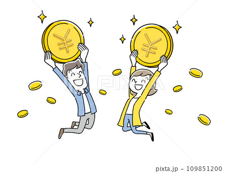 ベクターイラスト素材:お金を持って笑顔でジャンプする人物 ベクターイラスト素材:お金を持って笑顔でジャンプする人物 109851200