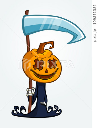Grim reaper pumpkin head cartoon character with scythe. Halloween jack o lantern illustration design for party invitation or poster. Vector scarecrow 109851382