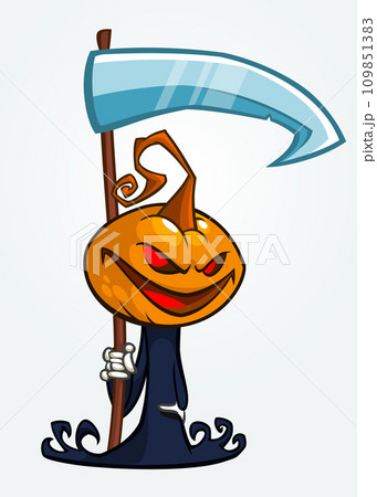 Grim reaper pumpkin head cartoon character with scythe. Halloween jack o lantern illustration design for party invitation or poster. Vector scarecrow Grim reaper pumpkin head cartoon character with scythe. Halloween jack o lantern illustration design for party invitation or poster. Vector scarecrow 109851383